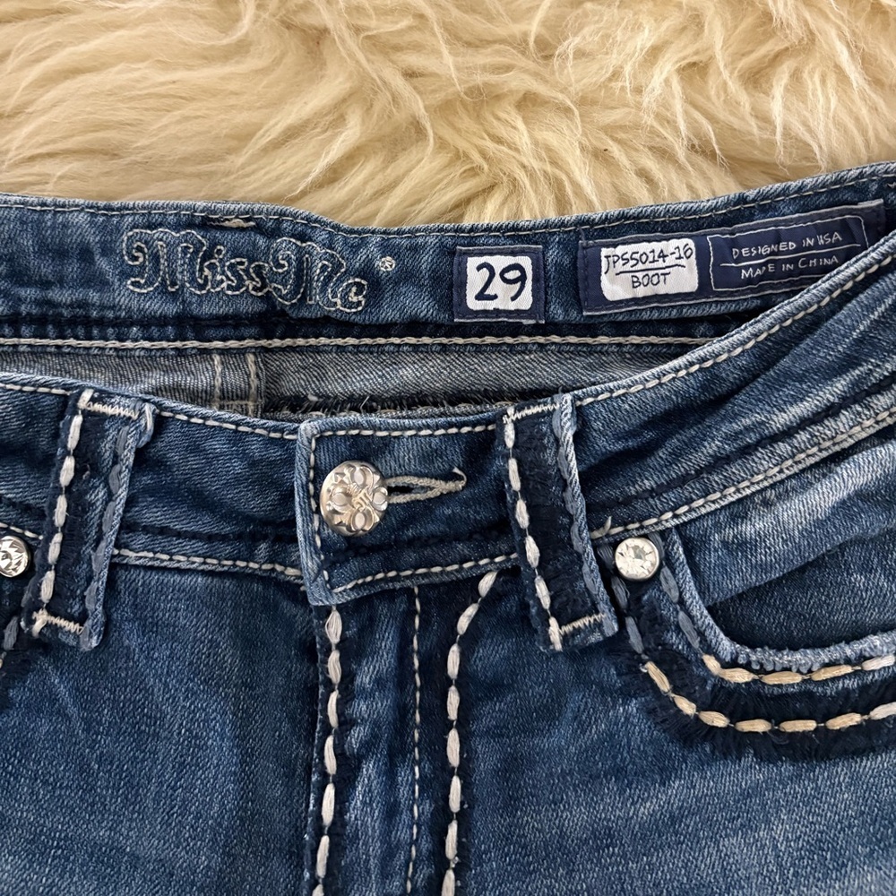 Miss Me Blue Flare Bootcut Long Jeans with Embroidered Button Flap Pockets - Picture 7 of 8